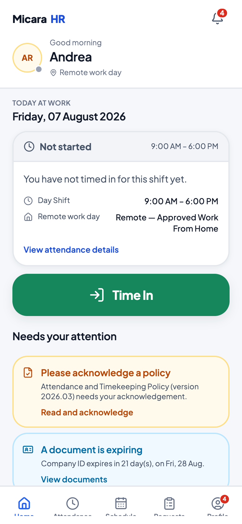 MicaraHR employee app home screen